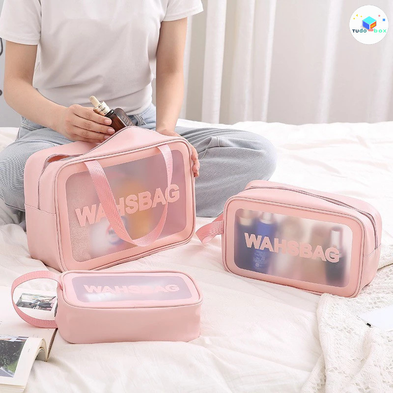 Kit 3 Necessaire Maquiagem Feminina Transparente WashBag a Prova de Água