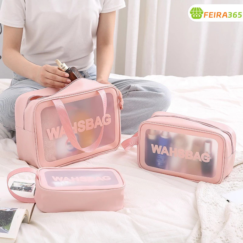 Kit 3 Necessaire Maquiagem Feminina Transparente WashBag a Prova de Água