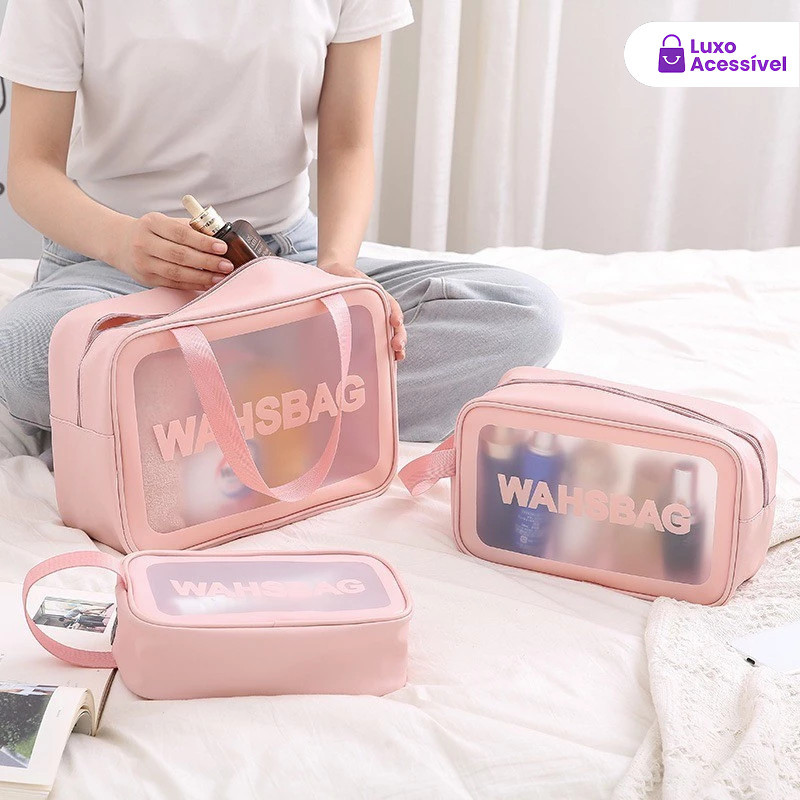 Kit 3 Necessaire Maquiagem Feminina Transparente WashBag a Prova de Água
