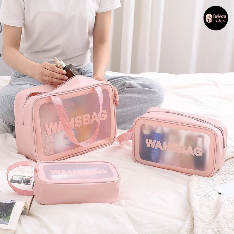 Kit 3 Necessaire Maquiagem Feminina Transparente WashBag a Prova de Água