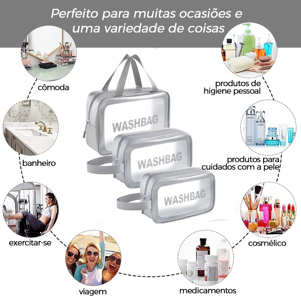 Kit 3 Necessaire Maquiagem Feminina Transparente bolsa de lavagem de maquiagem a prova de água（off white）