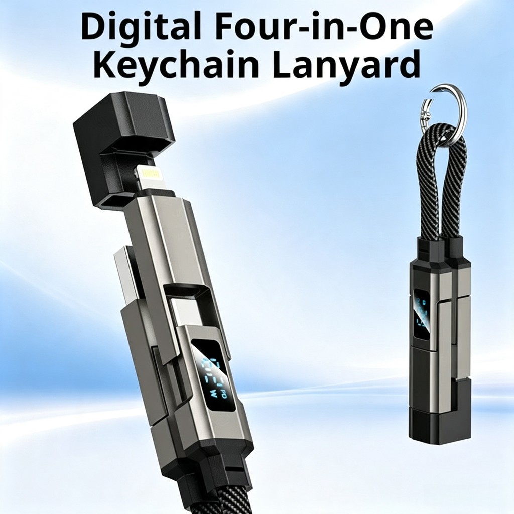 Cabo Carregador Chaveiro 4 em 1 com Display Digital USB C e Lightning Portátil