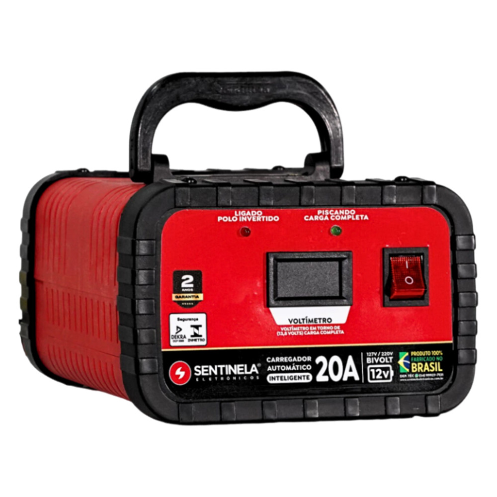 Carregador de Bateria 20A 12V Flutuante Automático Voltímetro Digital Auxiliar Partida Sentinela CV2012 (Bivolt)