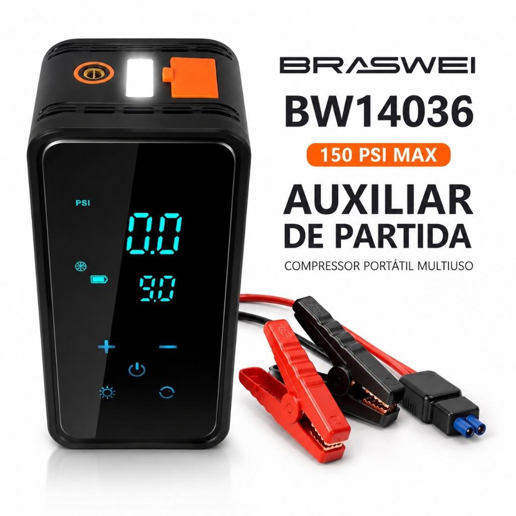 Auxiliar de Partida Automotivo 12V com Compressor 150 PSI Visor Digital USB e Lanterna BW14036 BRASWEI
