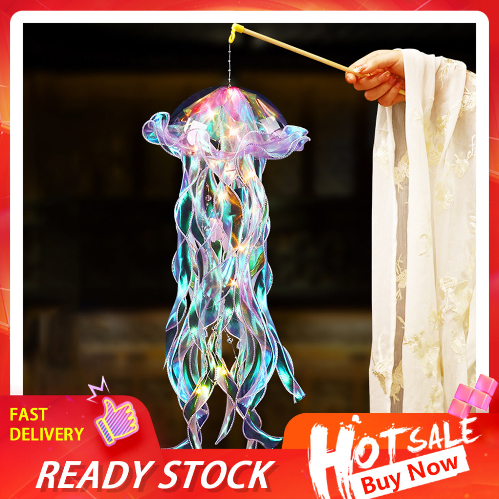 Jellyfish Lantern Ocean Themed Decor Colorful Led with Long Lace Ribbon Portable Night Light Handle for Bedroom Garden P