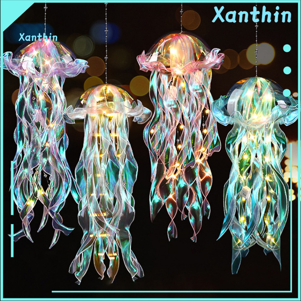 Jellyfish Lantern Outdoor Party Decorations Colorful Led with Long Lace Ribbon Portable Night Light Handle for Bedroom G