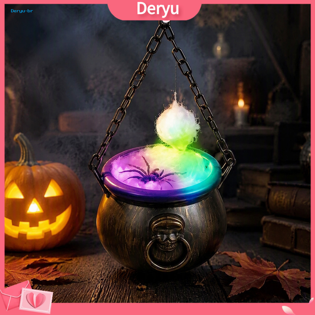 Portable Magic Pot Halloween Witch Cauldron Decoration with Colorful Led Lights Black Plastic Candy Bowl for Trick or Tr