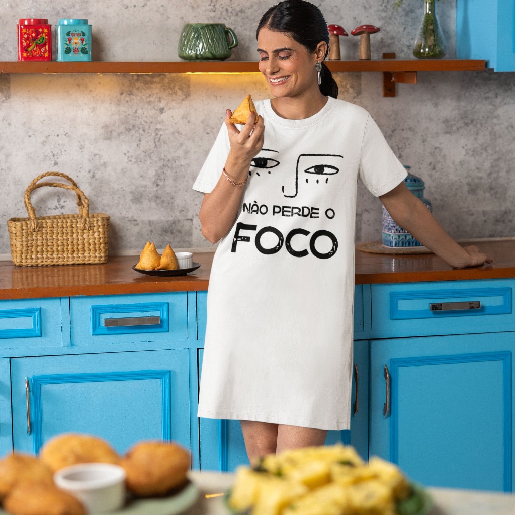 Camisola De Manga Curta Dress Branca Estampa Não Perde O Foco