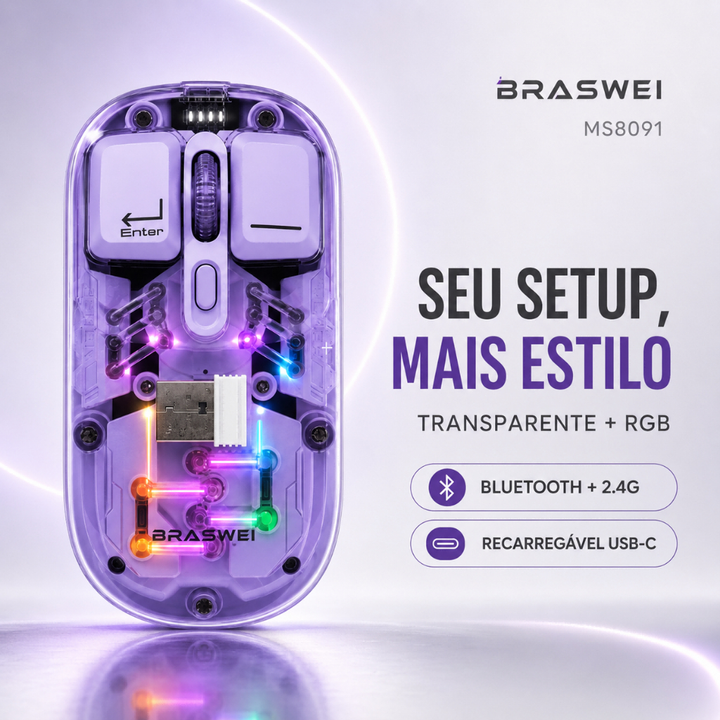 Mouse Sem Fio Transparente RGB Bluetooth e 2,4G Recarregável USB-C Clique Silencioso 2400 DPI MS8091 BRASWEI