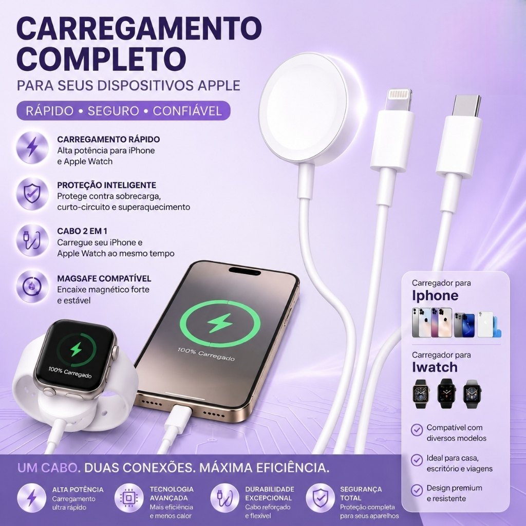 3 in 1 Charger Magnetic Para iPhone Lightning Input 1.2 Meters USB Induction Type-C / USB A Cable Clock