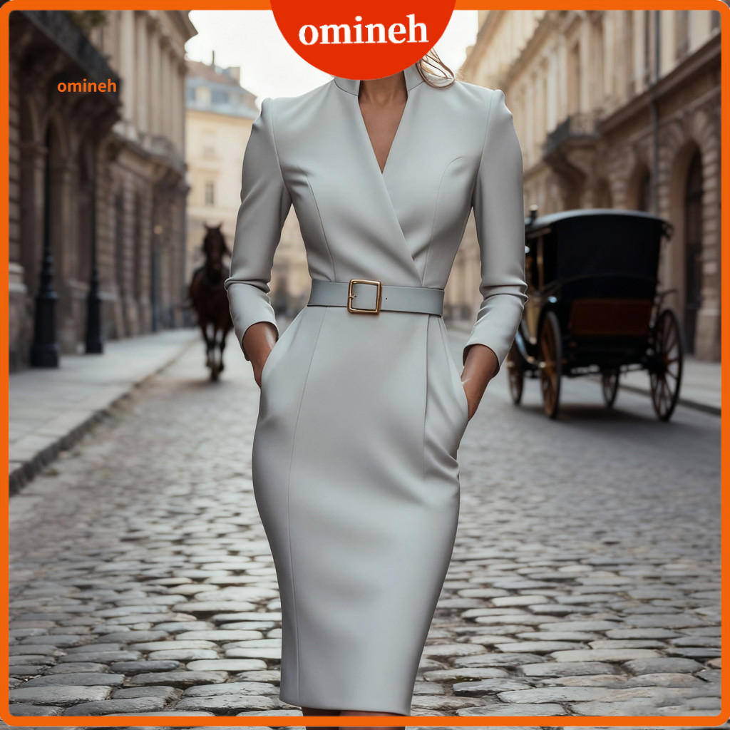 Wrinkle-resistant Dress Three-dimensional Cutting Women's Long Sleeve V Neck Bodycon Midi with Belt – Professional Wor