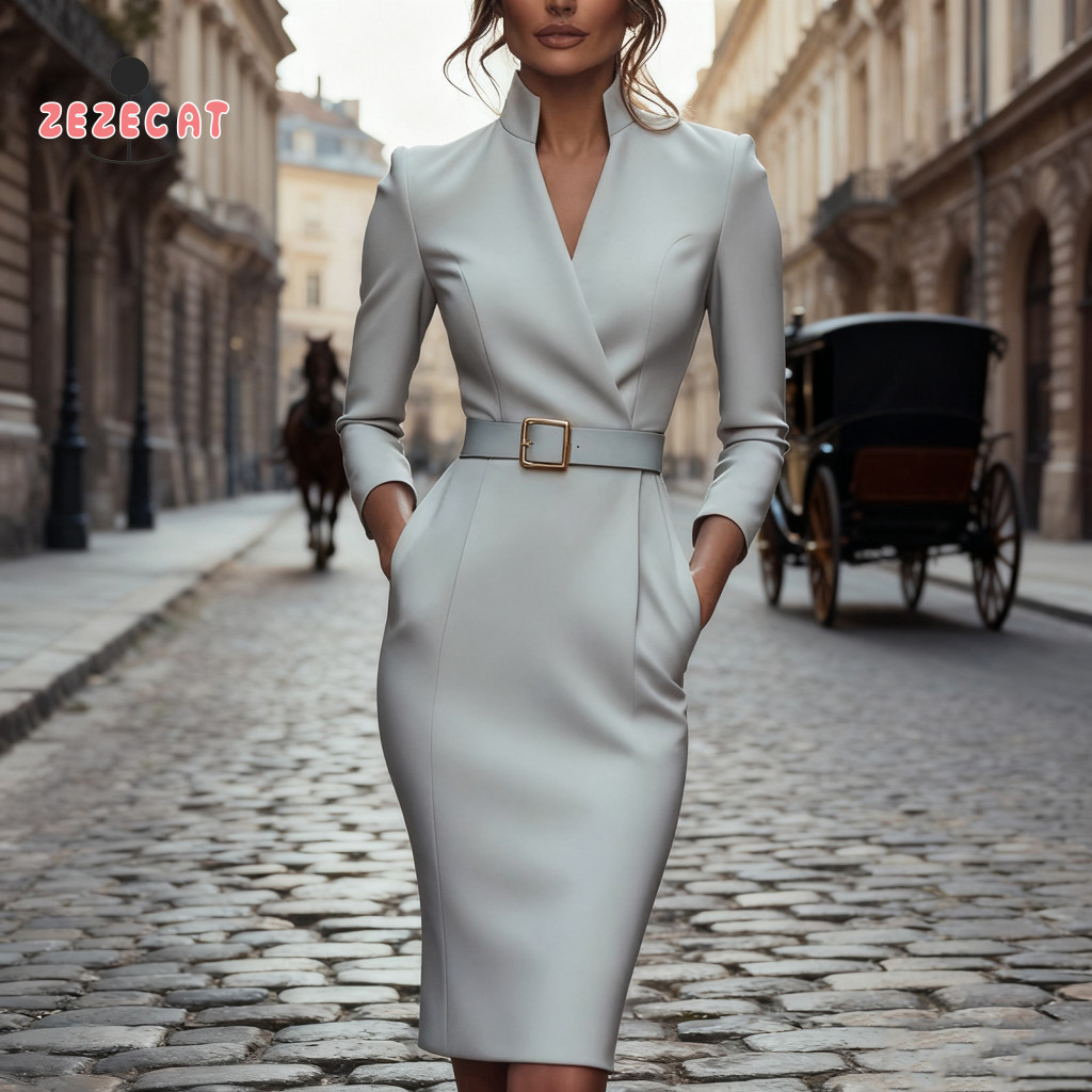 Business Occasion Dress Crisp Stylish Fabric Women's Long Sleeve V Neck Bodycon Midi with Belt – Professional Work Chu