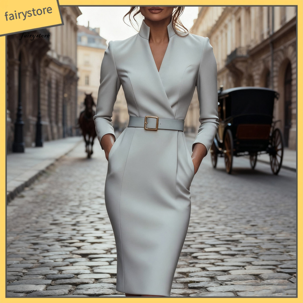 High-waist Belt Dress Wrinkle-resistant Women's Long Sleeve V Neck Bodycon Midi with – Professional Work Business Chur