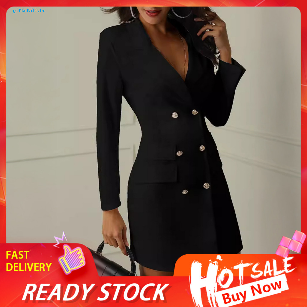 Professional H-shaped Silhouette Dress Women Attire Women’s Blazer V Neck Long Sleeve Double Breasted Jacket Formal Of