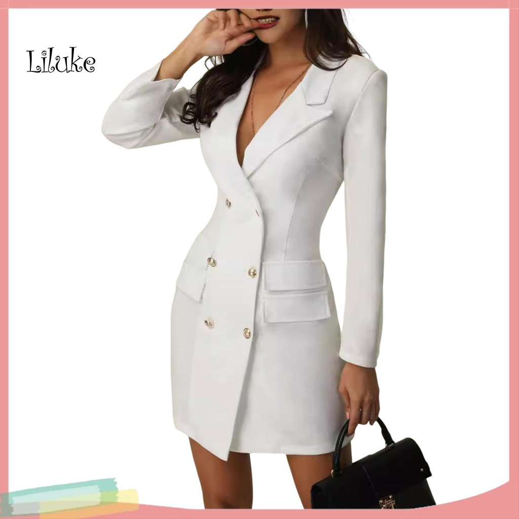 Work-appropriate Women Clothing Professional Attire Women’s Blazer Dress V Neck Long Sleeve Double Breasted Jacket For