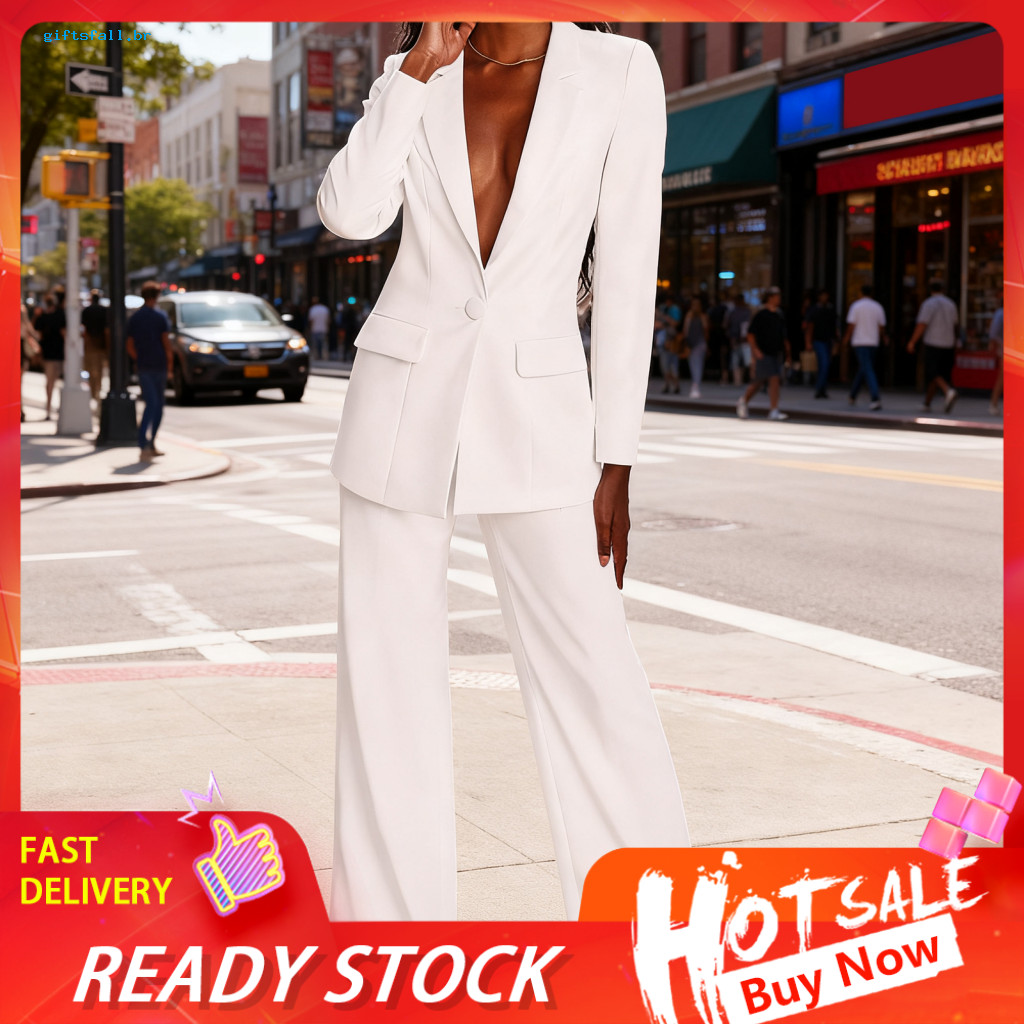 Polyester Suit for Women Set Women’s 2-piece Business Blazer – One Button Jacket Wide Leg Dress Pants Professional O