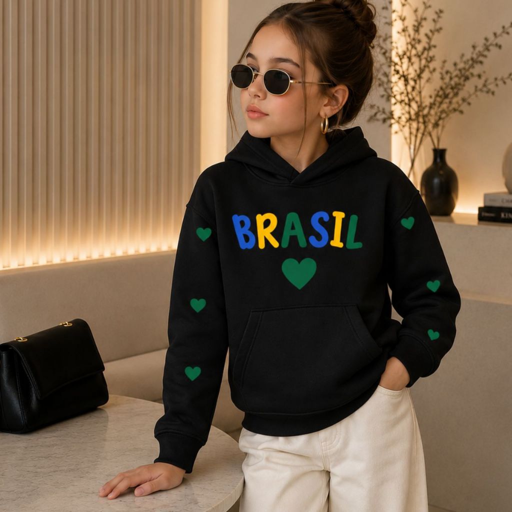 Moletom Infantil Brasil Corações Mini Torcedora Diva Brasileira Moda Inverno Copa