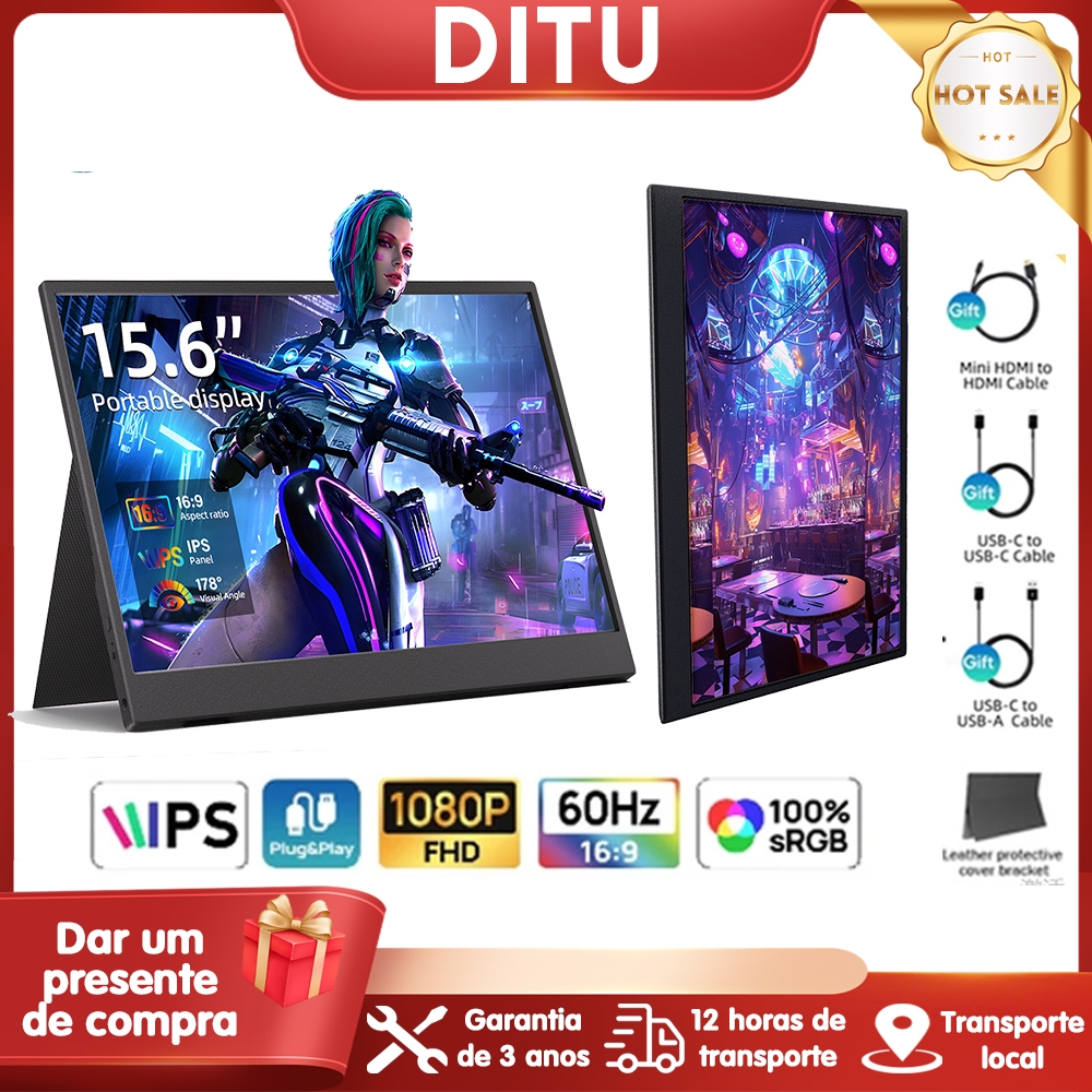 DITU【Free Gift】15.6-inch Portable 60HZ Monitor, Type-C/HDMI, Portátil Laptop Monitor For Ipad, Pc, Mac, Phone, switch,