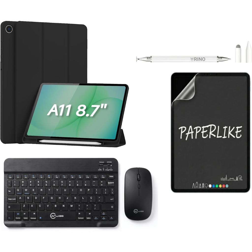 Kit Capa Magnética Protetora Compatível com Samsung Galaxy Tab A11 8.7 Pol Teclado Slim Sem Fio e Mouse Wireless Películ