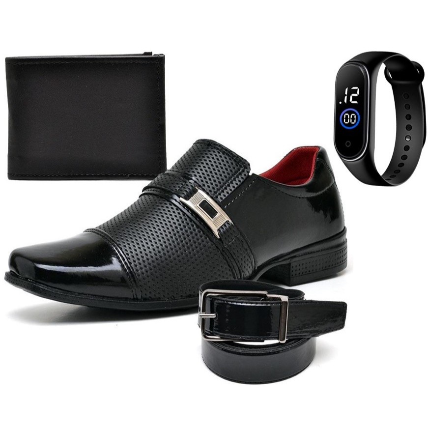 Kit Sapato Social Masculino Preto Verniz com Cinto, Carteira e Relógio Smart