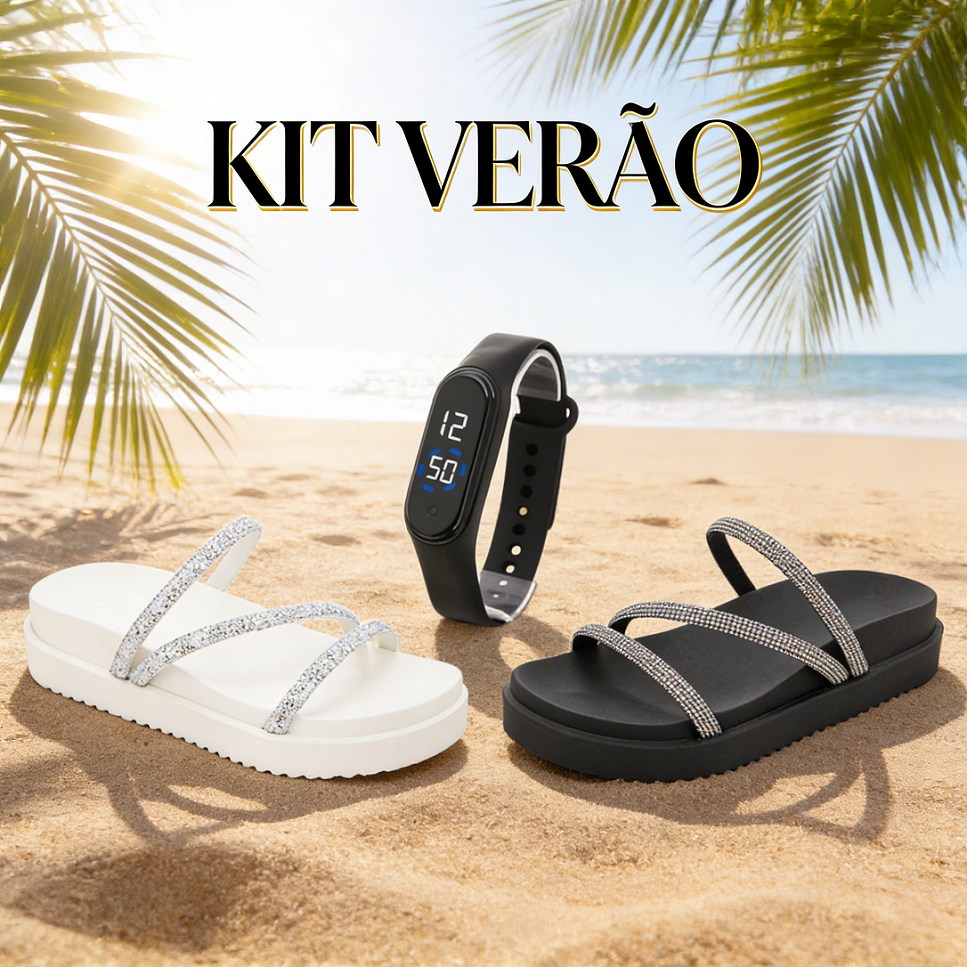 Promoção Exclusiva Kit Sandália Feminina Plataforma Branca Linda ou Preta Linda + Smartband Digital Relógio Fitness