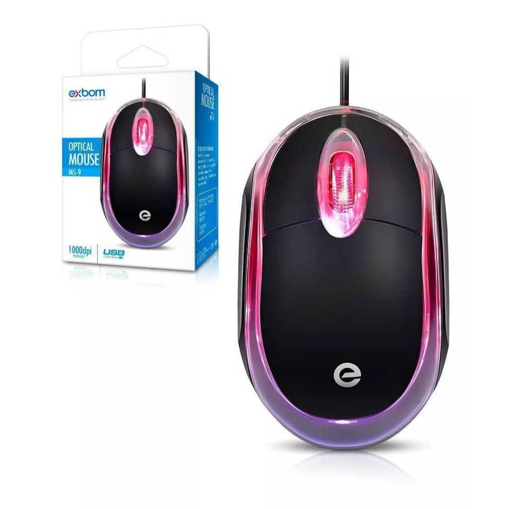 Mouse Óptico Preto Com Fio Led Vermelho Fast 1000dpi