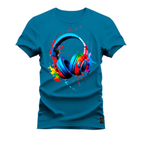 Camiseta Masculina Com Tecido Premium Com Estampa De Fone De Ouvido Colorido 100% Algodão