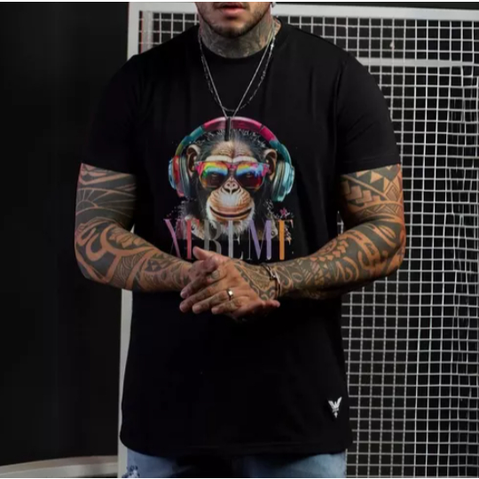 Camiseta Masculina Tecido Premium Estampa De Macaco De Fone 100% Algodão