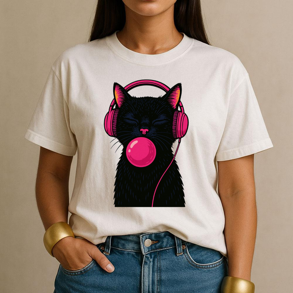 Camiseta Estampada Feminina Gatinho de Fone Algodão Qualidade Premium Dia a Dia Unissex