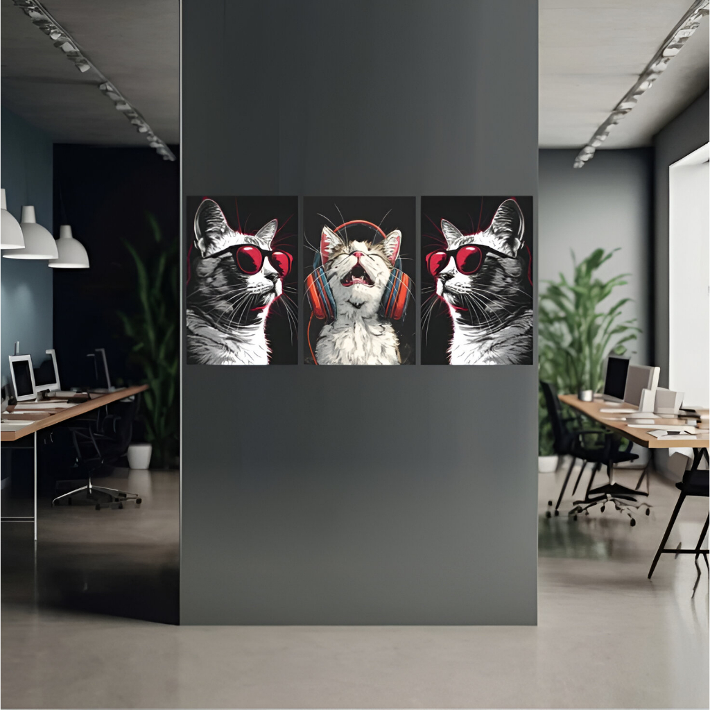 Quadro decorativo 50x30 Gato fone óculos Quarto sala Hall escritório Moda Premium Luxo