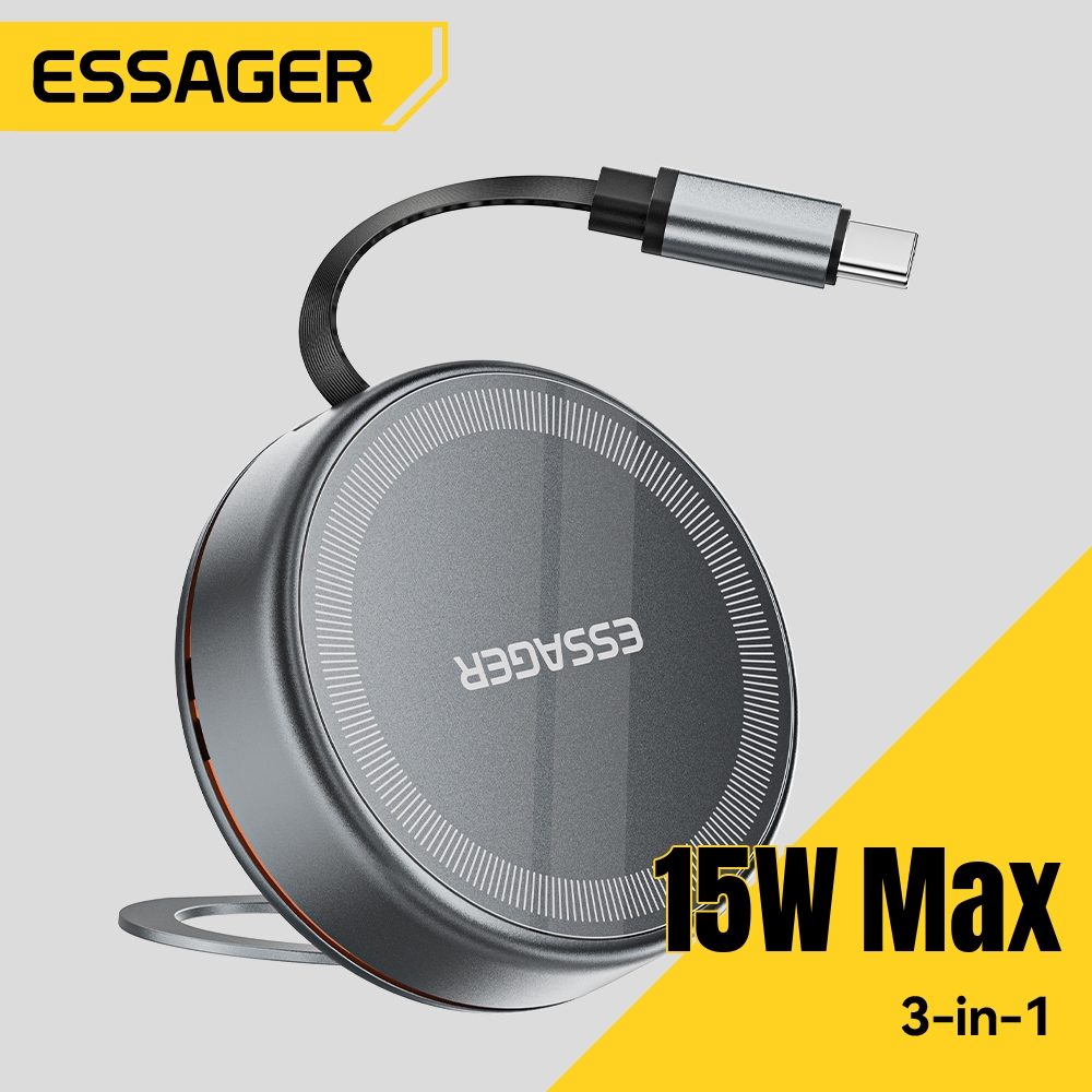 Essager Carregador Sem Fio Magnético 15W 3 em 1 para Carregar Celular/Relógio/Fone de Ouvido com Cabo Retrátil