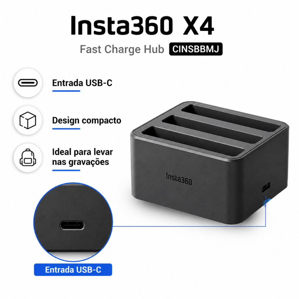 Carregador Insta360 X4 Fast Charge Hub Original 3 Baterias USB-C PD CINSBBMJ