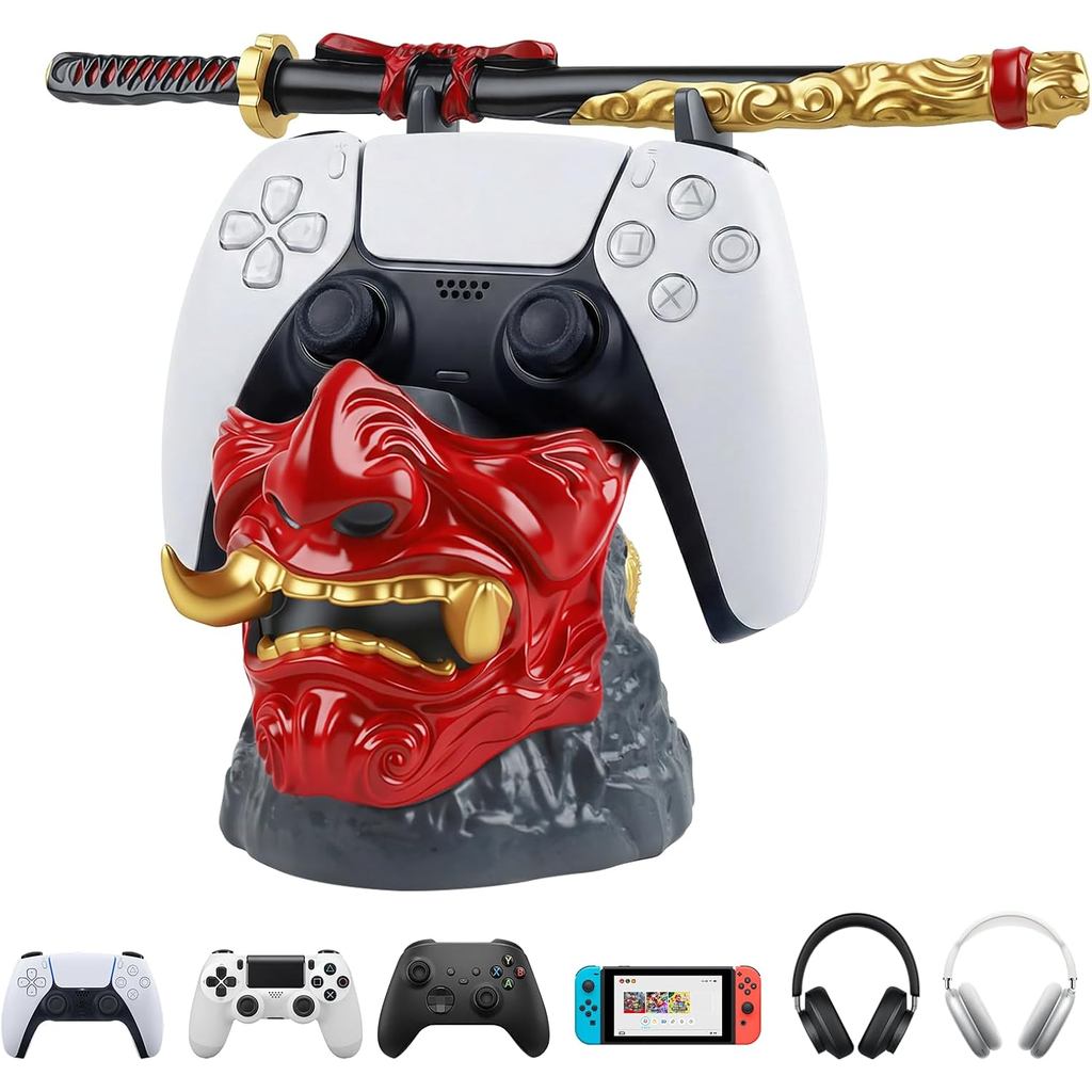 Gaming Controller Holder Stand Accessories: Samurai Warrior Mask Stand for PS5 Xbox Switch & Headsets, Resin Multi-Devic