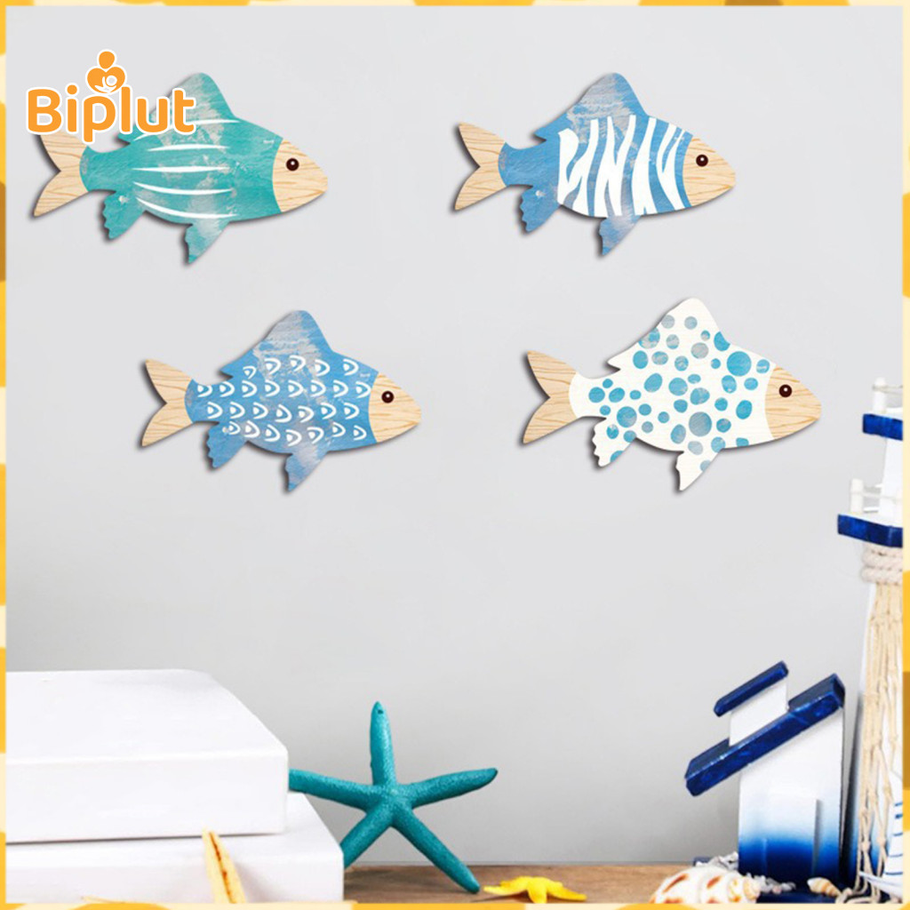 Waterproof Wall Decor Wood Fish Art 4 Pcs Wooden Set – Rustic Nautical Coastal for Home Lake House Bathroom Beach Them