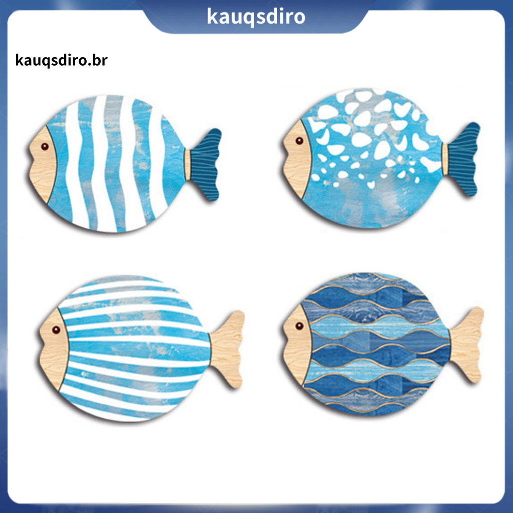 Wood Fish Wall Art Waterproof Decor 4 Pcs Wooden Set – Rustic Nautical Coastal for Home Lake House Bathroom Beach Them