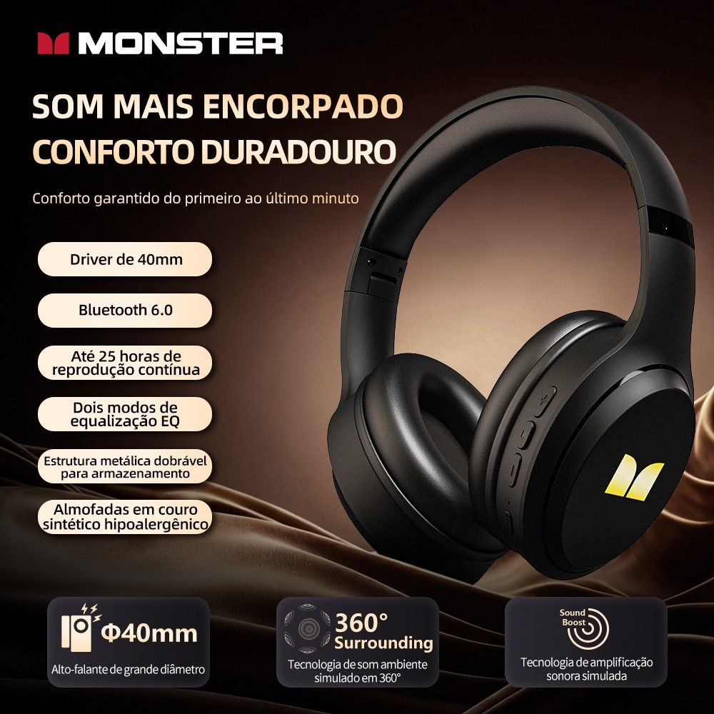 Monster Bluetooth Headphones Wireless Headphone with Magnetic Ear Pads Comfortable Stereo Sound