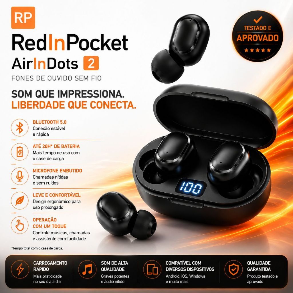 Fone de Ouvido Wireless Red in pocket pro Sem fio Com Led e Visor Bluetooth alta qualidade