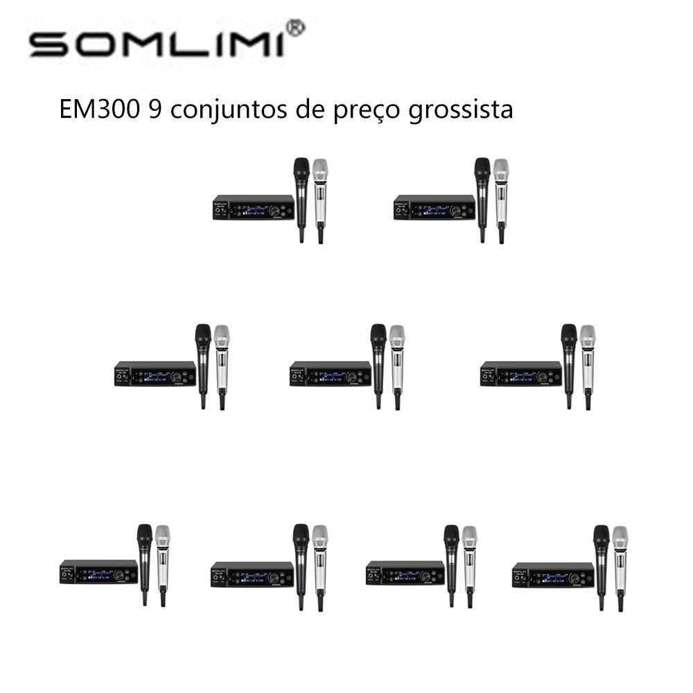 SOMLIMI EM300 9 conjuntos Microfone UHF Dual Channel Professional Wireless System Stage Performance metal Handheld