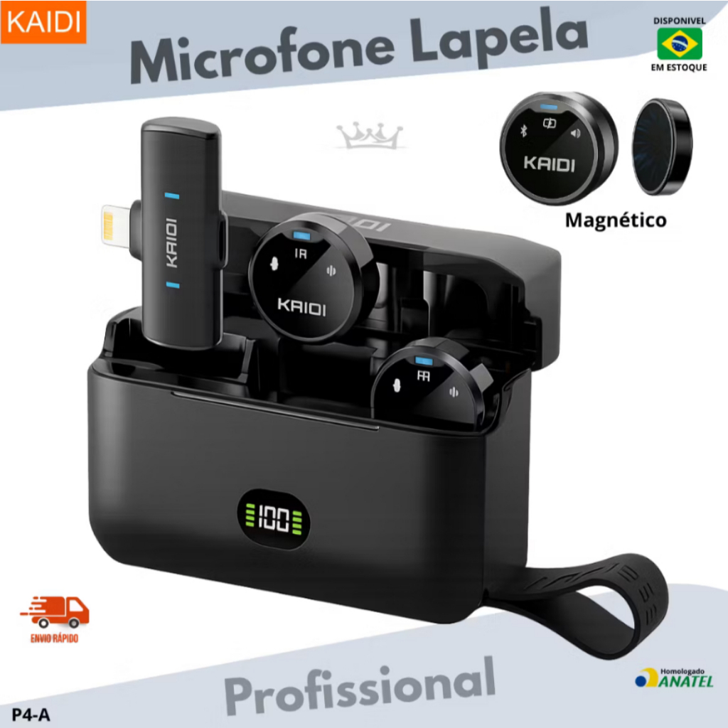 Microfone de Lapela Profissional Kaidi P4 Sem Fio Redondo Magnético Para Android ou Iphone