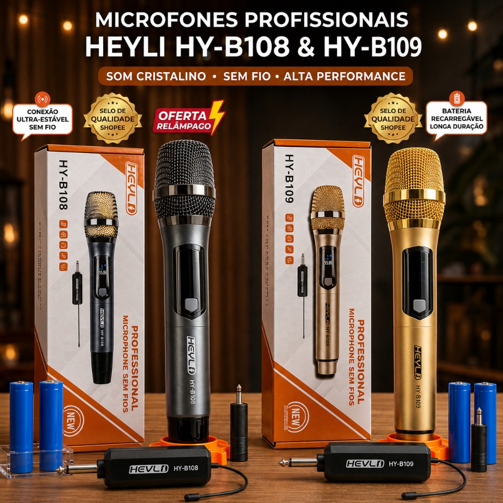 Microfone Wireless Profissional HEYLI HY-B108 HY-B109 Sem Fio Recarregável Para Karaokê e Eventos