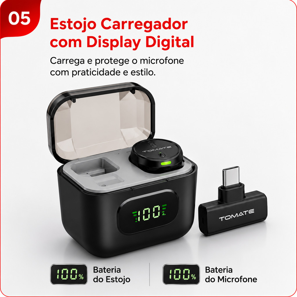 Microfone de Lapela Wireless TOMATE MT-2222C Tipo-C com Estojo, Áudio HD para Live, Vlog e Entrevistas