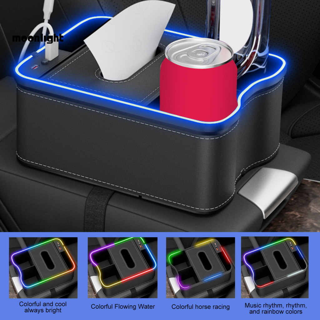 Car Armrest Storage Box with Usb Charging Ports Multi-mode Led Lights Capacity Auto Console Organizer Tissue Holder for
