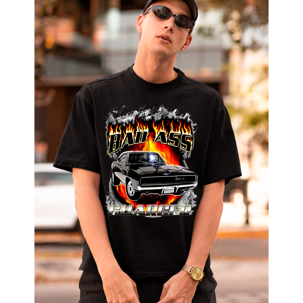 Camiseta Casual Masculina Oversized Carro Bad Charger Manga Curta 100% Algodão Flanelado