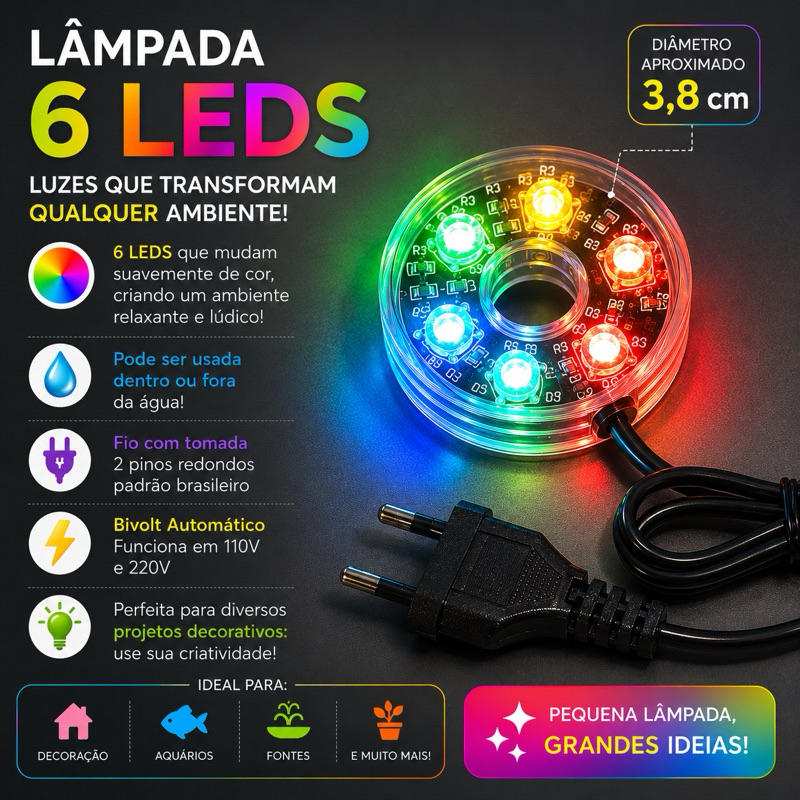 Luminária redonda 6 LEDS coloridos bivolt RGB Inmetro À PROVA D'ÁGUA 110V/220V