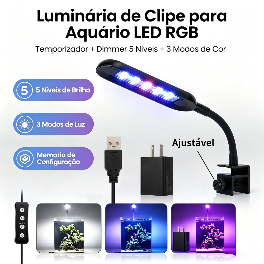 Luminária de Clipe para Aquário Newpet LED RGB com Temporizador Dimmer Ajustável Bivolt 3 Modos de Cor