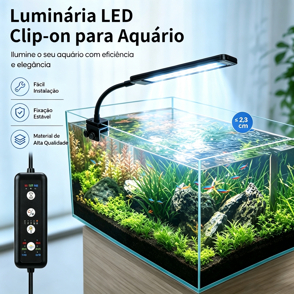 Luminária de Clipe para Aquário Plantado Newpet LED RGB 24/7 Dimmer 5 Brilhos e Timer