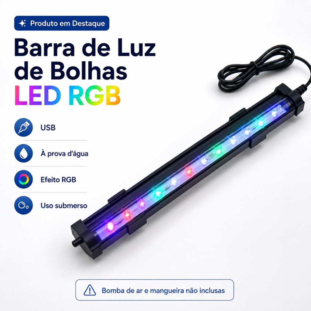 Barra de Bolhas LED RGB 25cm para Aquário USB Submersível IP68 Sem Bomba de Ar