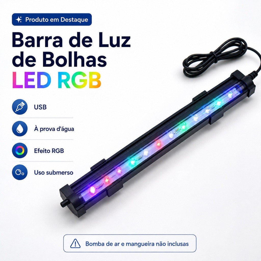 Barra de Bolhas LED RGB 25cm para Aquário USB Submersível IP68 Sem Bomba de Ar