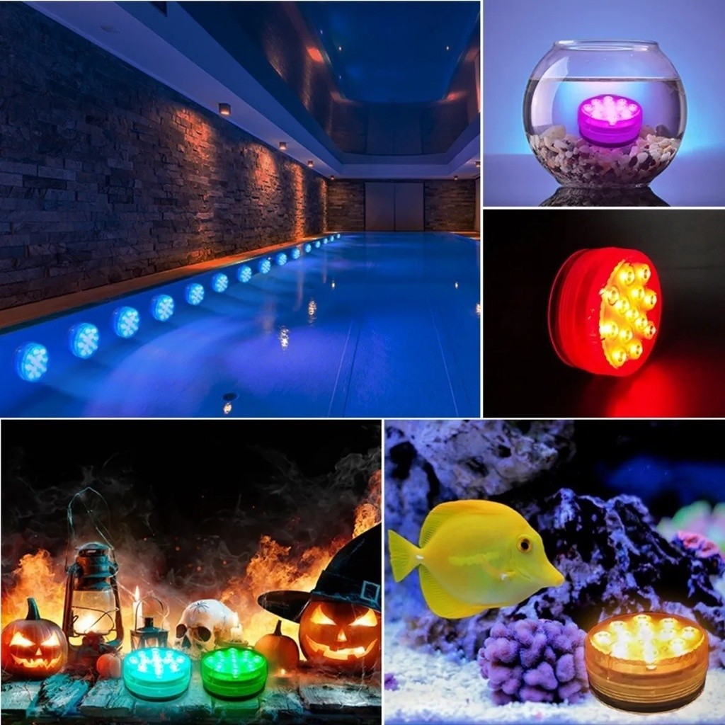 Luz RGB Subaquática Aquário Piscina Controle Remoto 16 Cores Ventosa IP68 Impermeável Kit 1 a 4 Unidades