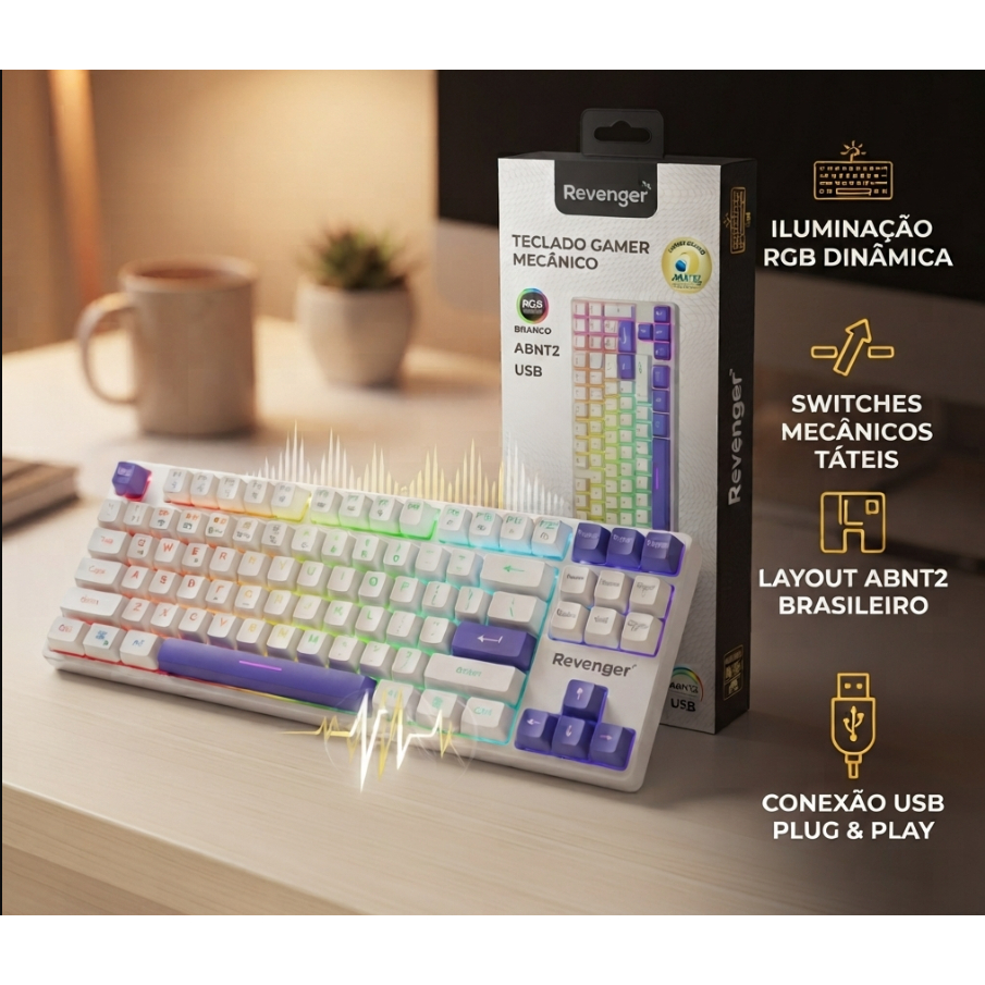Teclado Gamer Mecânico Revenger RGB Branco ABNT2 USB